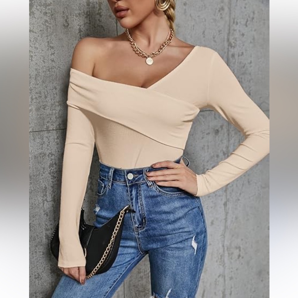 Elegant Tan Off-Shoulder Women's Top. Size M